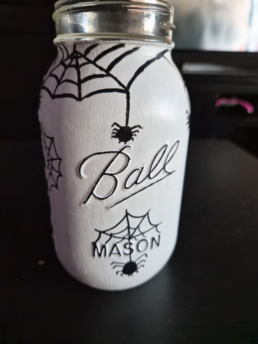 White Halloween Spider Web Painted Mason Jar 16 OZ